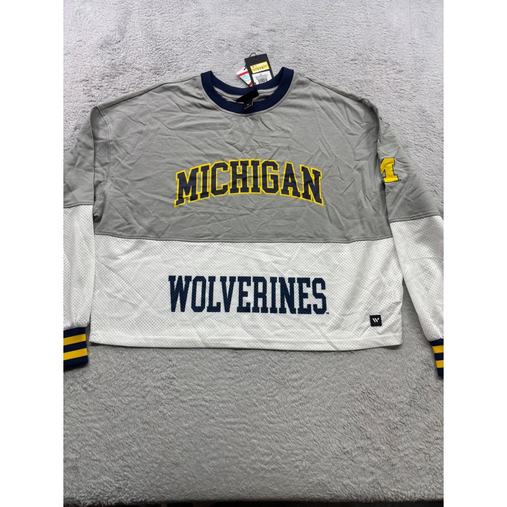 The Wild Collective Michigan Wolverines Mesh Crew Fleece Grey White M NEW